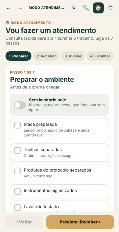 Modo Atendimento com checklist dos 7 passos