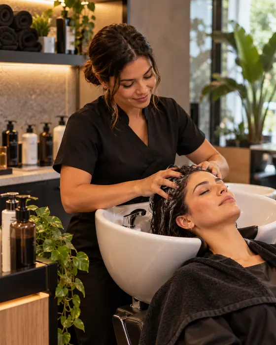 Head Spa com água feito no lavatório comum do salão