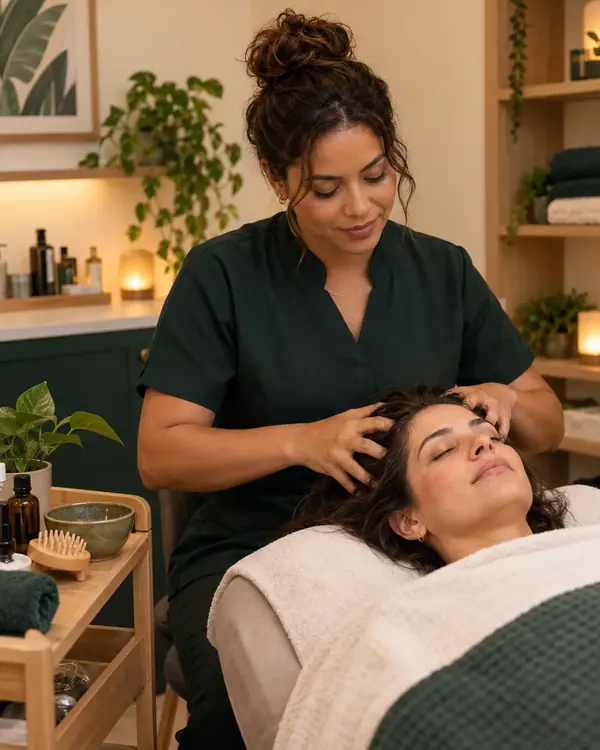 Profissional realizando Head Spa adaptado em um espaço de beleza real