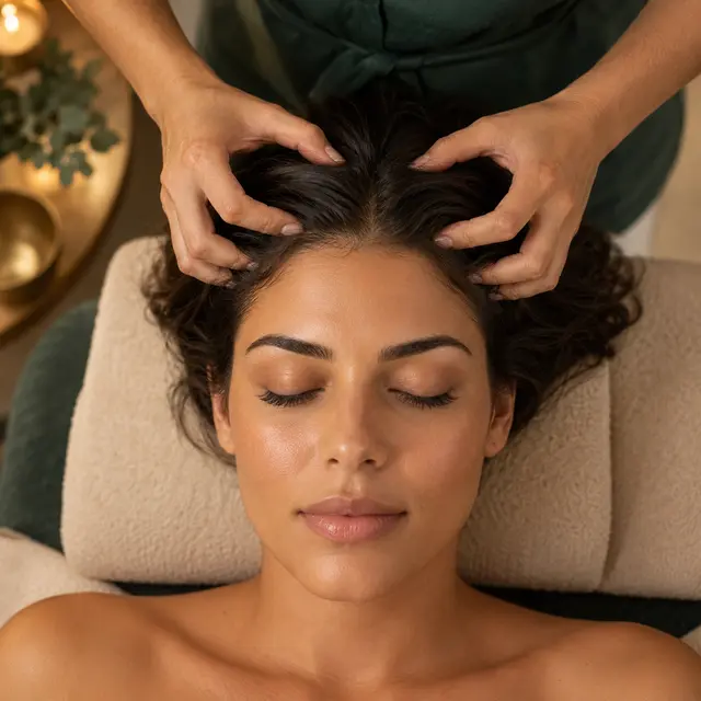 Profissional aplicando movimentos de massagem no couro cabeludo